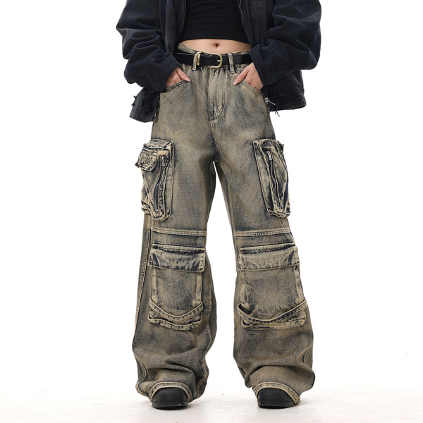 Wasteland style multi-pocket denim overalls 32