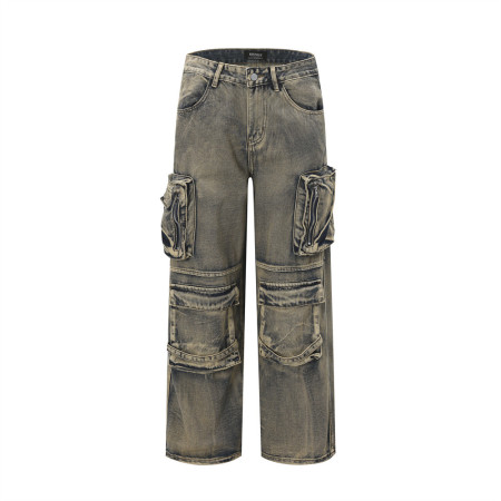 Wasteland style multi-pocket denim overalls 32