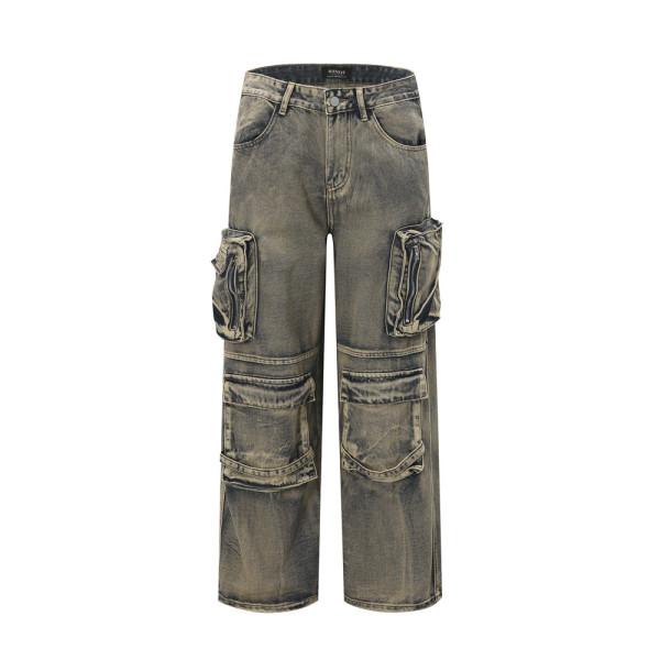 Wasteland style multi-pocket denim overalls 32